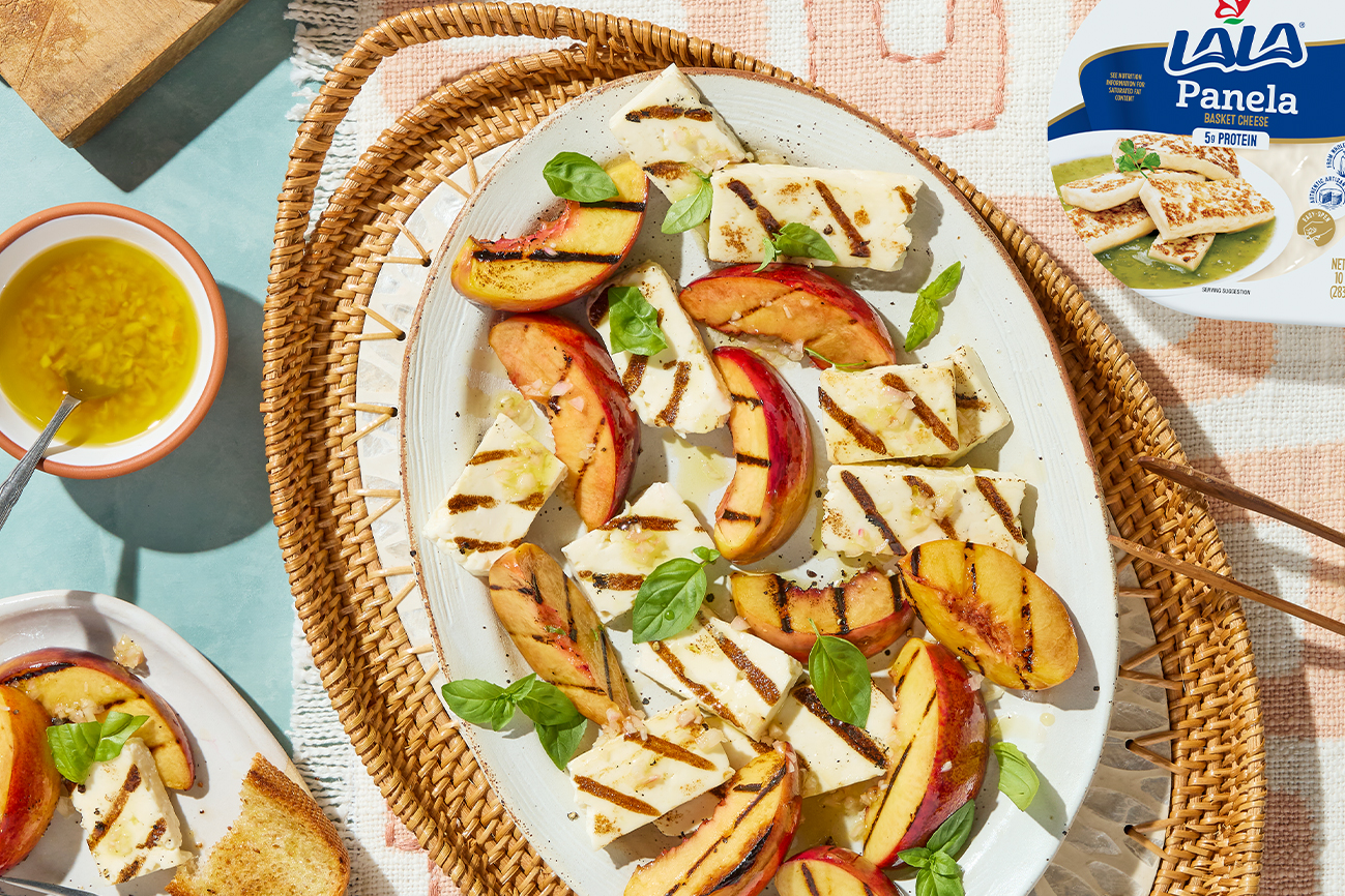 Grilled Panela with Peaches and Basil